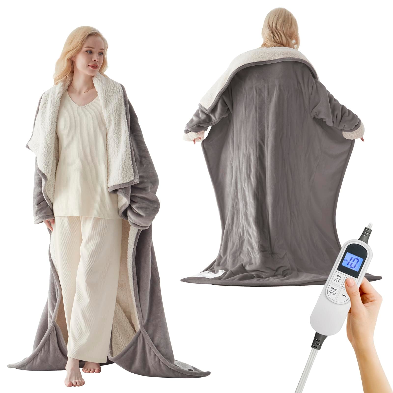 Wearable Electric Heated Blanket with Foot Pocket & Sleeves, 50"x70", Grey