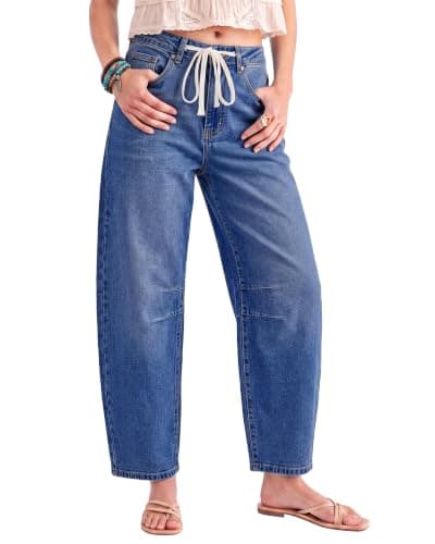 luvamia Barrel Jeans Women Trendy Baggy High Waisted Drawstring Denim Pants | Barrel Wide Leg Pants, 27.5" Inseam, Baggy Jeans, Stretchy, Ankle Length, Drawstring Adjustable Waist, Casual Denim Outfits