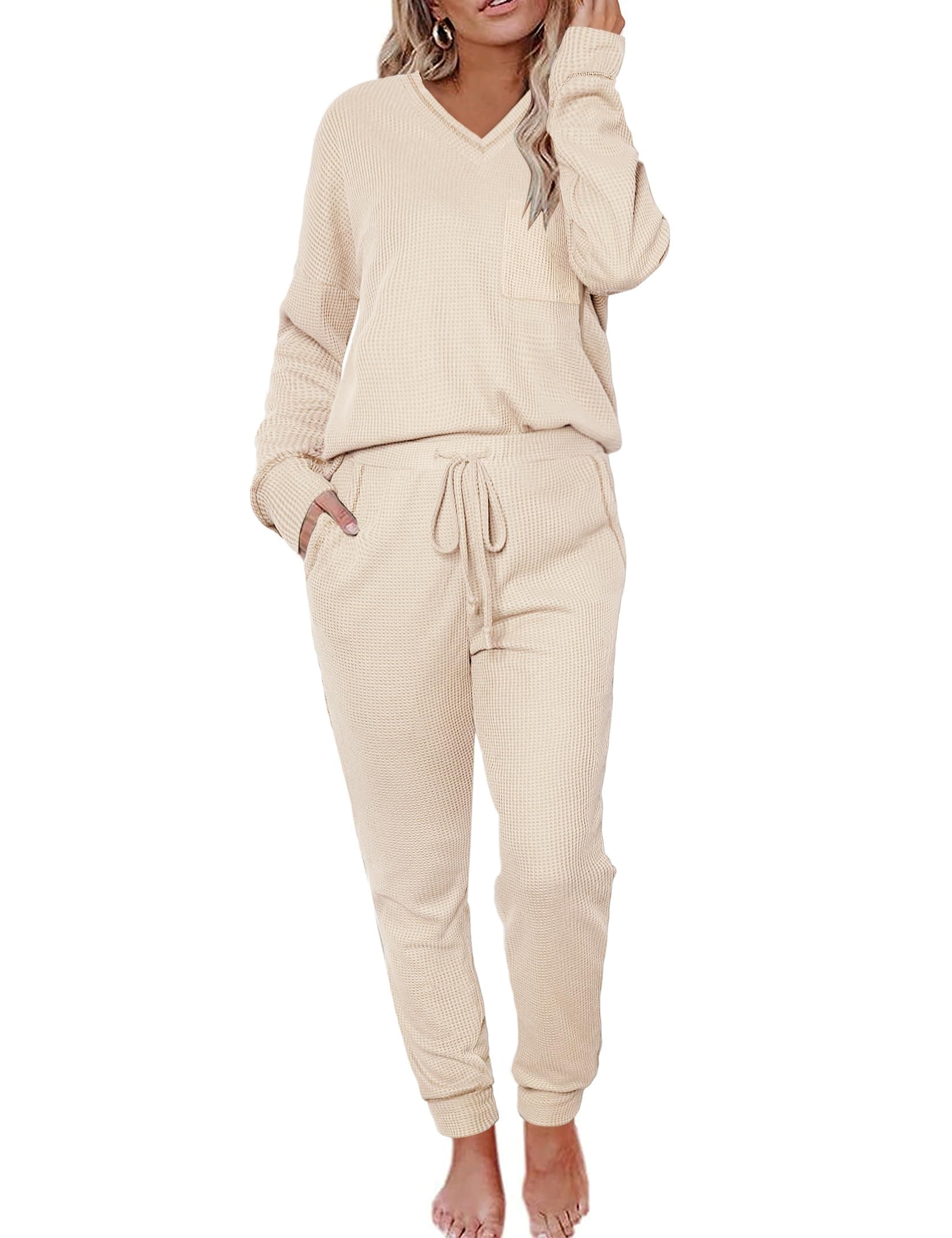 Womens Pajama Sets Waffle Knit 2 Piece Lounge Sets Sleepwear Loungewear Pjs Long Sleeve Maternity Postpartum Pajamas