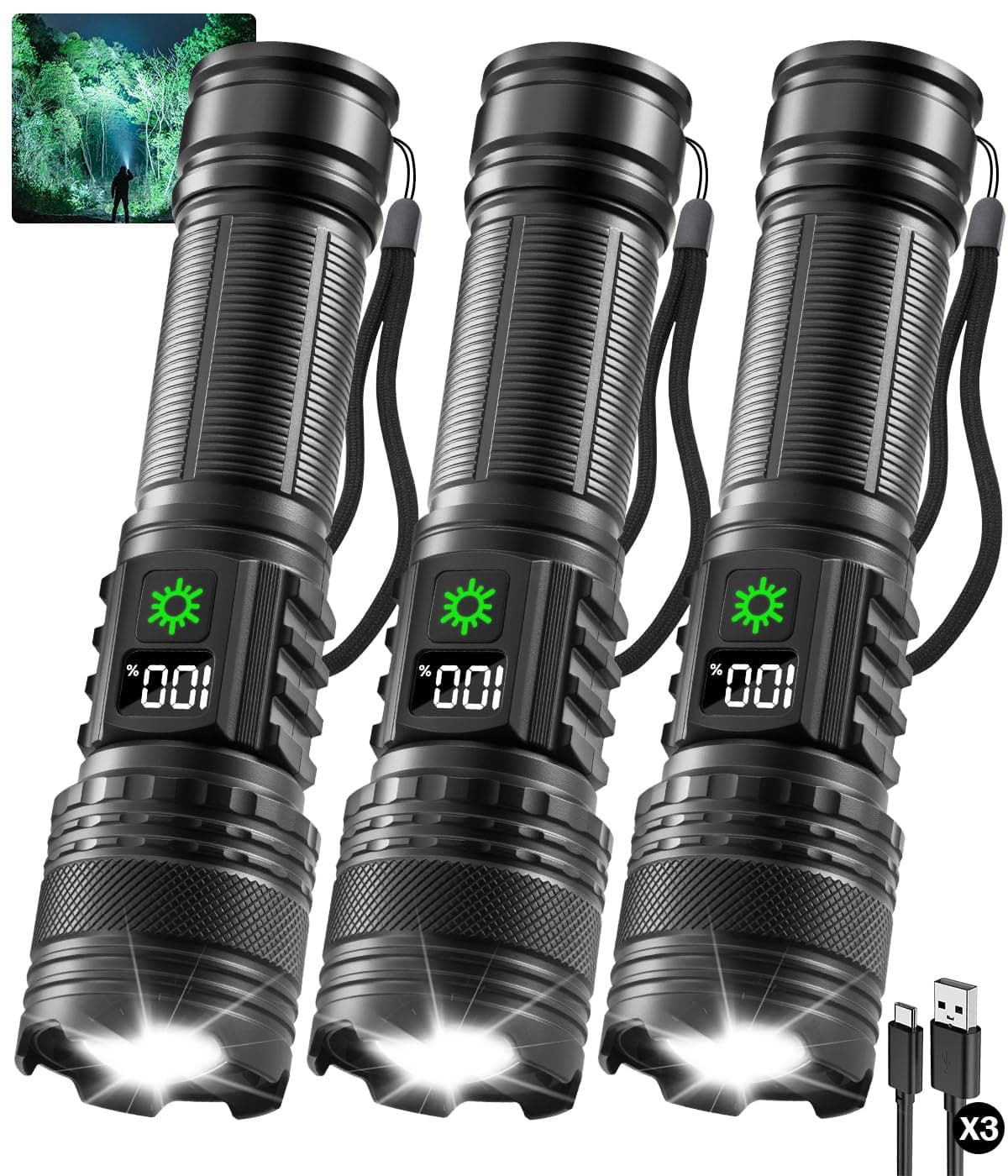 3Pack Large Rechargeable Flashlights High Lumens with LCD Digital Display