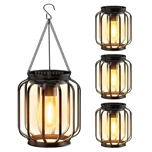 Solar Hanging Lanterns Outdoor Waterproof: 4 Pack Metal Solar-Powered Lights with Hook, Bright Warm Lantern Decor for Outside, Classic Outdoor Lighting for Yard Garden Patio Porch Balcony Decorations — image 1