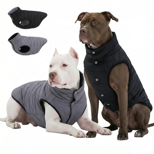 LovinPet Large Dog Puffer Coat, Reversible Down‑Insulated Winter Jacket, Water‑Resistant & Wind‑Resistant, Anti‑Static, Dual-Sided Black & Grey for Cold Weather, L