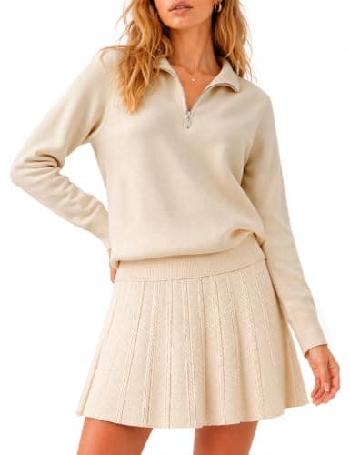 CiCiBird Womens 2 Piece Skirt Sets Half Zip Knit Sweater Sets | Pullover Sweaters, Mini Skirt, Long Sleeve Half Zip Collar, Cable Knit Texture, Trendy Fall Look, Coffee Dates, Shopping — image 1