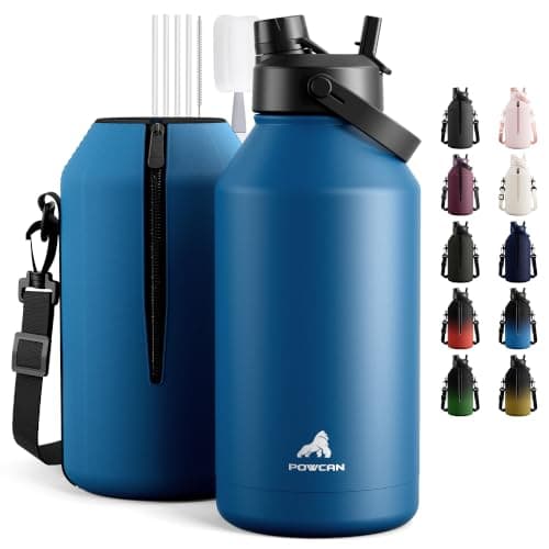 POWCAN 64 oz Insulated Water Bottle with 2-in-1 Straw Spout Lid, Leakproof, Carrier Bag, Shoulder Strap, Keep Cold 48H, Half Gallon Stainless Steel Water Jug for Men, Sports, Camping, Fitness (Indigo) — image 1