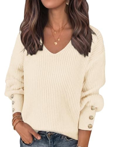 SunnyMelody Fall Sweaters for Women V Neck Drop Shoulder Lantern Sleeve — image 1