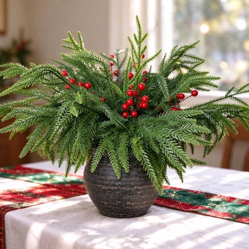 Artificial Christmas Norfolk Pine Branches with Red Berry Stems — image 1