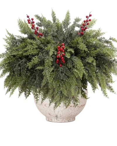 12 Artificial Christmas Cedar Branches, 17.5", with 3 Red Berry Picks | Real Touch Pine Stems with Red Berry Accents for Planters, Vases, Wreaths, Garlands, Mantels and Christmas Decor — image 1