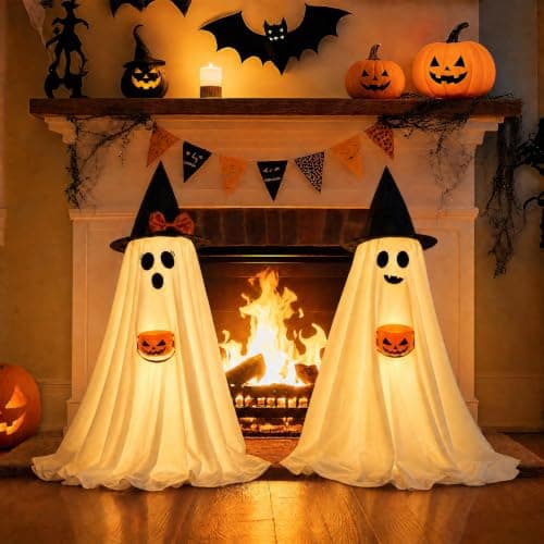 Halloween Decorations Indoor Lighted Ghost, 2 Pack Cute Light Up Ghosts | 2.95Ft Decorations with Witch Hats & Pumpkin Buckets, Indoor Ghost Decor for Entryway, Fireplace, Porch, Party, Home, Yard — image 1