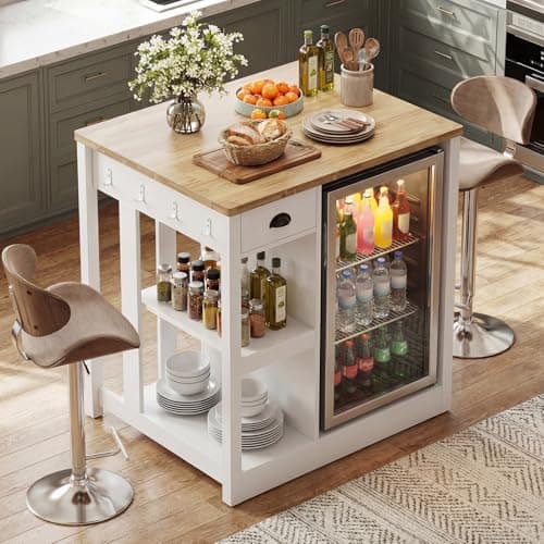 LAZZO 35.4" Kitchen Island with Storage and Seating, White and Natural | Coffee Bar Cabinet with Fridge Space, Power Outlets, Rubberwood Worktop, Open Shelves & Side Hooks for Kitchen Dining Room — image 1