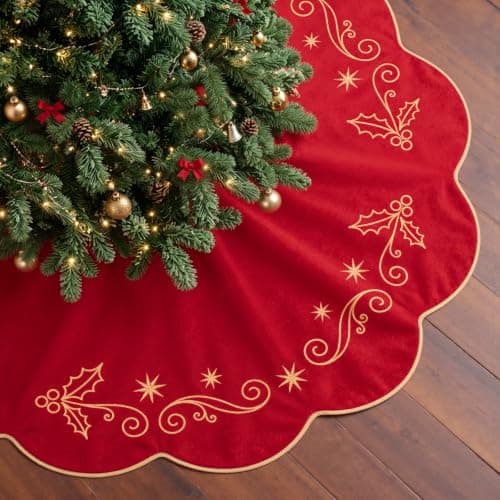 VOXOR 48 Inch Christmas Tree Skirt, Large Red Velvet Tree Skirt with Gold Embroidery, Vintage Tree Skirts with Hook and Loop Closure for 7 & 7.5 & 8 Feet Trees, Xmas Decorations for Home Living Room — image 1