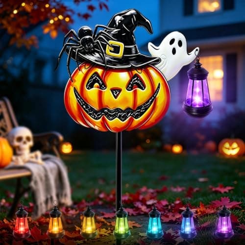 Halloween Decorations Outdoor Metal Solar Pumpkin Lights with Solar Lantern | 7-Color Changing & Flashing Mode, Waterproof 32.5 Inch Metal Cute Pumpkin Decorative Stake Fall Decor for Garden Yard Patio — image 1