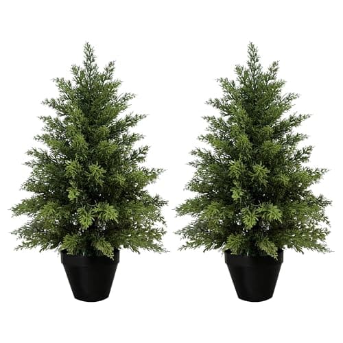2 Pack 2ft Artificial Cedar Trees for Outdoors (UV Resistant), Potted Faux Cedar Topiary Plants for Front Porch, Realistic Evergreen Shrub for Entryway & Patio Decor — image 1