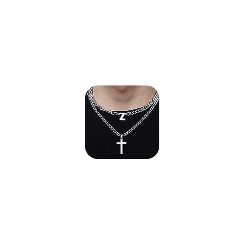 ZNBOH Cross Initial Necklace for Men Stainless Steel Silver Layered Cuban Figaro Link Chain Letter Christian Cross Pendant Initial A-Z Jewelry Gift for Husband Women — image 1