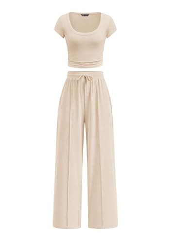 PRETTYGARDEN Women's 2 Piece Matching Lounge Sets Ribbed Short Sleeve Crop Tops Wide Leg Pants 2026 Summer Airport Outfits — image 1