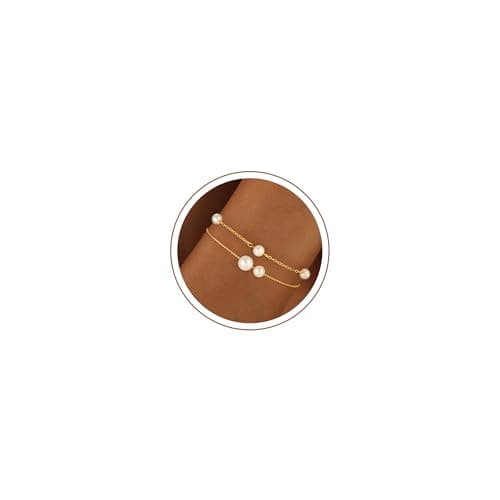 Fezodo Pearl Bracelets for Women, Dainty 18K Gold Plated Pearl Beaded Bracelet Stack Trendy Thin Link Chain Charm Bracelets Set Wedding Bridesmaid Mother Gifts Jewelry for Women — image 1
