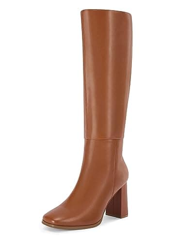 Coutgo Womens Wide Calf Knee High Boots Chunky High Heel Square Toe Fashion Leather Shoes with Side Zipper — image 1