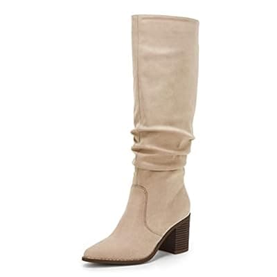 Huiyuzhi Womens Pointed Toe Mid Chunky Heel Side Zipper Knee High Boots Tall Booties