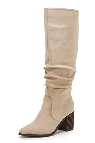 Huiyuzhi Womens Pointed Toe Mid Chunky Heel Side Zipper Knee High Boots Tall Booties — image 1