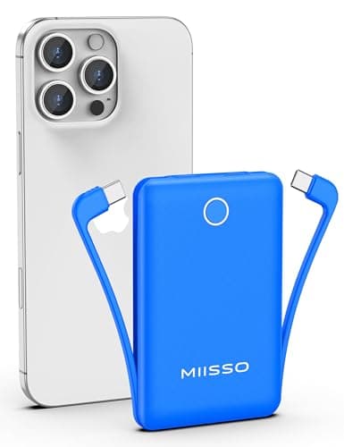miisso 10000mAh Compatible with iPhone 15/16/17 and Android, Slim Portable Charger with Built in Cable, Power Bank Travel Charger External Battery Pack for Phone, 3 Output USB Type C Cord, Deep Blue