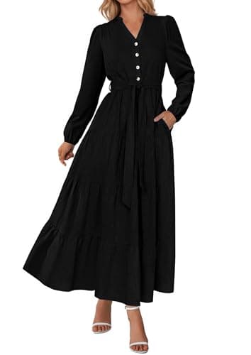 PRETTYGARDEN Maxi Dresses for Women Spring Long Sleeve V Neck Belted A Line Flowy Boho Wedding Guest Dress Pockets — image 1