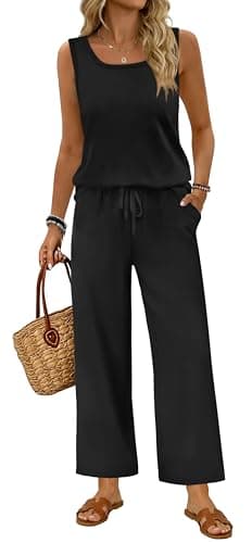 WIHOLL Two Piece Sets for Women Summer Spring Outfits Tank Square Neck Sleeveless Travel Vacation Lounge Wide Leg Pants Set — image 1