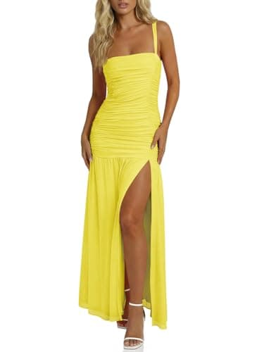Wenrine Womens Summer Sleeveless Maxi Dress Mesh Ruched Spaghetti Strap Wedding Guest Split Formal Cocktail Dresses — image 1