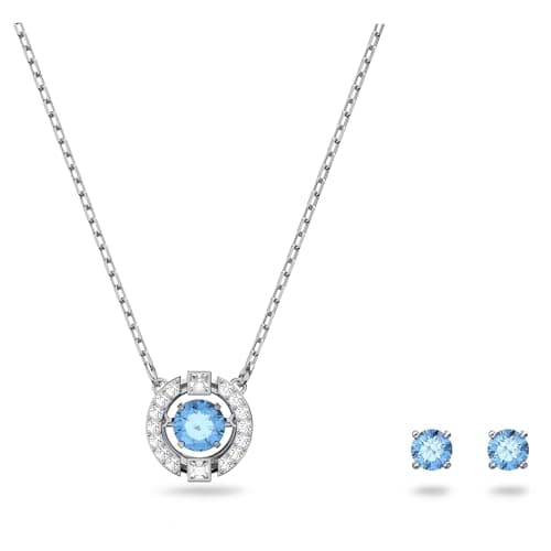 Swarovski Una Round Pendant Necklace and Stud Pierced Earrings Set with Blue Crystals on a Rhodium Plated Setting