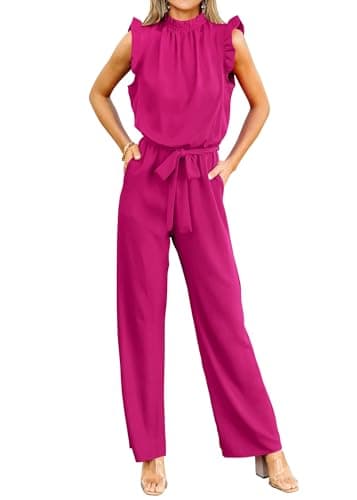 KIRUNDO Jumpsuits For Women Dressy Summer One Piece Sleeveless Ruffle Mock Neck Belt Pockets Formal Wide Leg Pants Romper — image 1