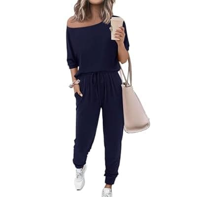 Zenlonr Women Summer 2 Piece Outfits 2026 Off Shoulder Short Sleeve Tops Elastic Waist Drawstring Long Pants Tracksuit