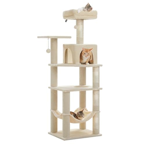 PEQULTI 56.3'' Cat Tree for Indoor Cats, Multi-Level Cat Tower with 2 Top Perch, Cat Condo, Hammock and Sisal-Covered Scratching Post, Beige