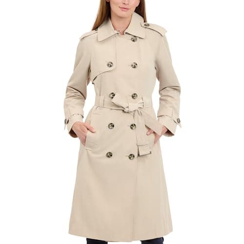 LONDON FOG Women's 3/4 Length Double-Breasted Trench Coat with Belt, Stone, Large