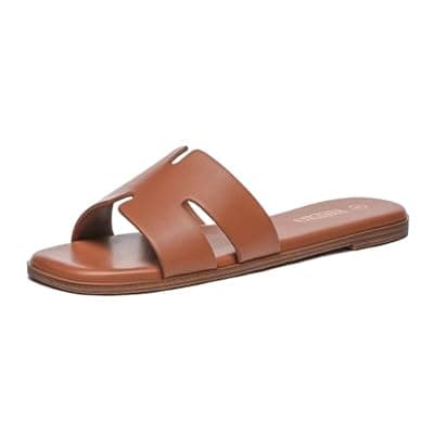 Rihero Women's Dressy Flat Sandals Comfortable Slip On Leather Slide Sandals