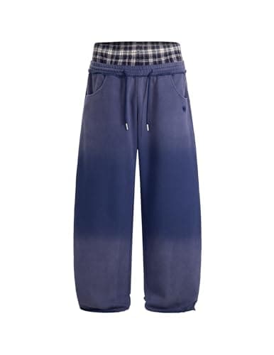 Aelfric Eden Double Waist Washed Baggy Sweatpants Loose Wide Leg Plaid Patchwork Casual Pants with Pockets