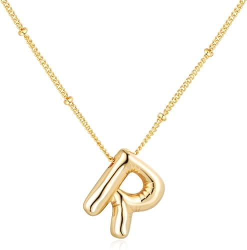 Punhem Bubble Gold Letter Necklace for Women 14k Gold Plated Balloon Initial Letter Pendant Necklace Pearl Custom Name Layered Choker Necklace Gold Jewelry — image 1