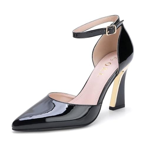 QKL Closed Toe Heels for Women Pointed Toe Ankle Strap High Heel Stiletto Pumps Wedding Dress Shoes Black Patent Size 9