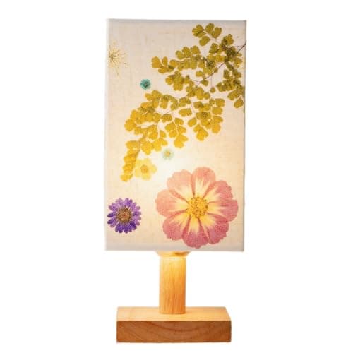 Floresita Dried Flowers Table Lamp 5W LED 3Color Temperatures Pressed Flower Bedside Lamp Square Linen Shade with Wood Base for Bedroom Living Room