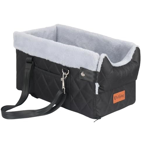 Vivifying Center Console Dog Car Seat for Small Dogs Up to 10 lbs, Plush Pet Booster Seat with Safety Leash, Adjustable Straps, Storage Pocket, Portable Car Seat for Puppies, Black & Grey