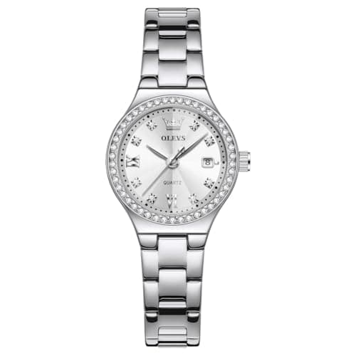 OLEVS Watch Women Silver Ladies Watches for Women Dress Diamond Womens Watches for Small Wrist Dainty Stainless Steel Waterproof Reloj para Mujer Analog Quartz White Date Elegant Female Watch