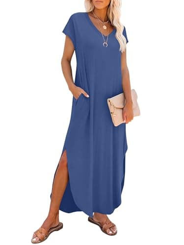 RUMIA Summer Casual Maxi Dresses for Women- Women's V Neck Cap Sleeve Long Sundress with Pockets Beach Vacation — image 1
