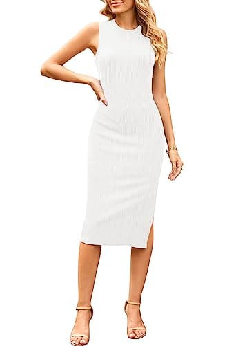 Pink Queen Women's Crewneck Sleeveless Tank Bodycon Ribbed Knit Side Sit Knee Length Pencil Midi Dresses — image 1