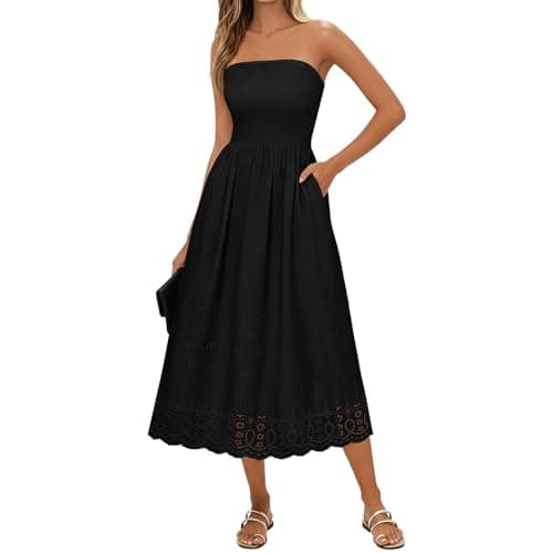 Lazysmile Summer Boho Maxi Dress for Women Strapless Tube Top Lace Trim A Line Beach Casual Long Dress — image 1