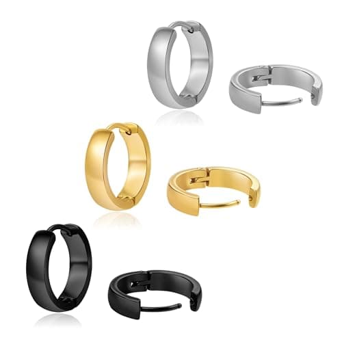 DHZJTSL 3 Pairs Hypoallergenic Small Hoop Earrings for Men, 316L Surgical Stainless Steel Black/Gold/Silver Earrings Huggie Jewelry Set for Mens Women 12/14/16mm — image 1