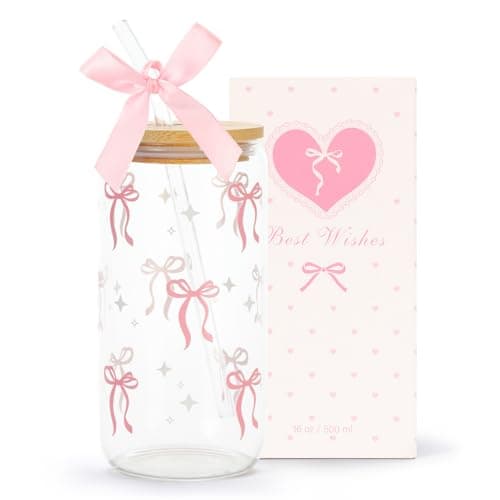 LANGASQUE Coquette Pink Bow Glass Cup with Lids and Straws, 16 oz Cute Glass Cup, Aesthetic Iced Coffee Tumbler with Gift Box Cleaning Brush for Teen Girls Gifts Trendy Stuff Women Girlfriends Gifts