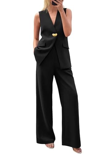 KIRUNDO Pant Suits for Women Dressy 2 Piece Sets Sleeveless Blazer Vest Wide Leg Matching Pantsuit Business Casual Outfits(Black, Medium)
