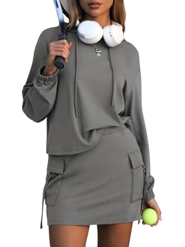 EXLURA Women Two Piece Set Cotton Sweatsuit Travel Airport Outfits 2026 Tracksuit Hooded Sweatshirt Cargo Skort Skirt Pockets — image 1