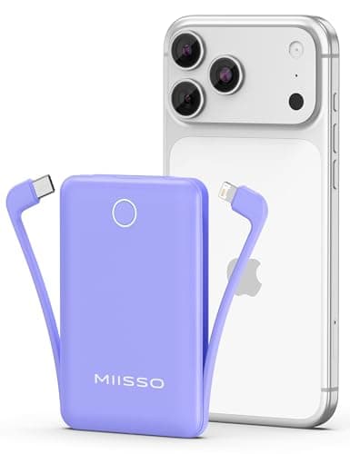 miisso 10000mAh Mini Portable Charger with Built in Cable, Pocket Size Power Bank Travel External Battery Pack for Phone, 3 Output USB Type C Cord Clutch Compatible with iPhone, Samsung, Purple