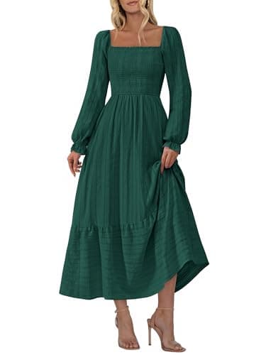 BTFBM Women Maxi Spring Dresses 2026 Long Sleeve Solid Color Square Neck Smocked Boho Long Wedding Guest Dress — image 1