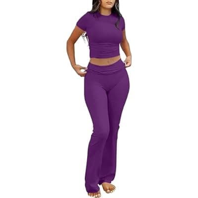ANRABESS Lounge Sets for Women 2 Piece Foldover Yoga Flare Leggings Pants Crop Tops Casual Y2K Outfits Matching Tracksuit Set