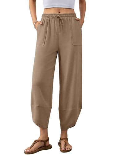 Jiflora Women's Harem Cotton Linen Pants Wide Leg Capri Beach Pants Palazzo Cropped Drawstring Trousers with Pockets — image 1