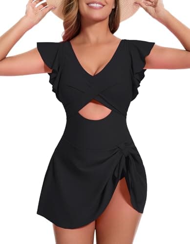 MFAVIP Women One Piece Swim Dress Tummy Control Swimsuits V Neck Ruffle Bathing Suit Cutout Sexy Wrap Side Tie with Skirt — image 1